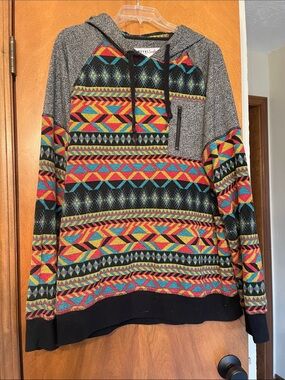 Empyre Aztec-Pattern Crewneck Hoodie Sweater - Multicolor with Gray Accents